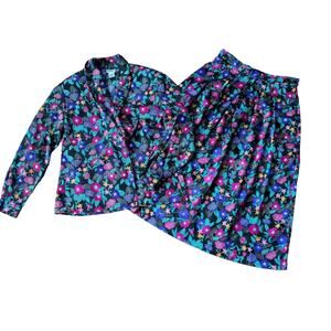 Koret Black Jacquard Floral print long sleeve blouse & midi skirt‎ Set Size 12